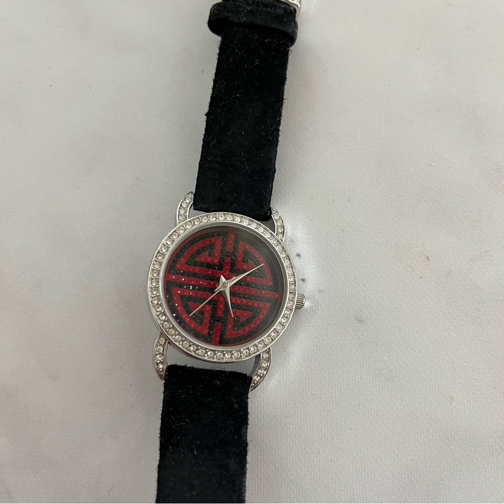 Dressy Black & Red Rhinestone Watch Victoria Wieck vintage bling suede band